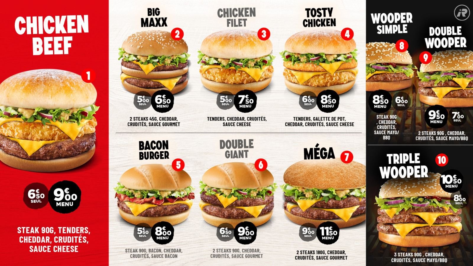 Carte RED BURGER — Chicken Beef, Big Maxx, Chicken Filet, Tosty Chicken, Bacon Burger, Double Giant, Méga, Wooper simple, double et triple.