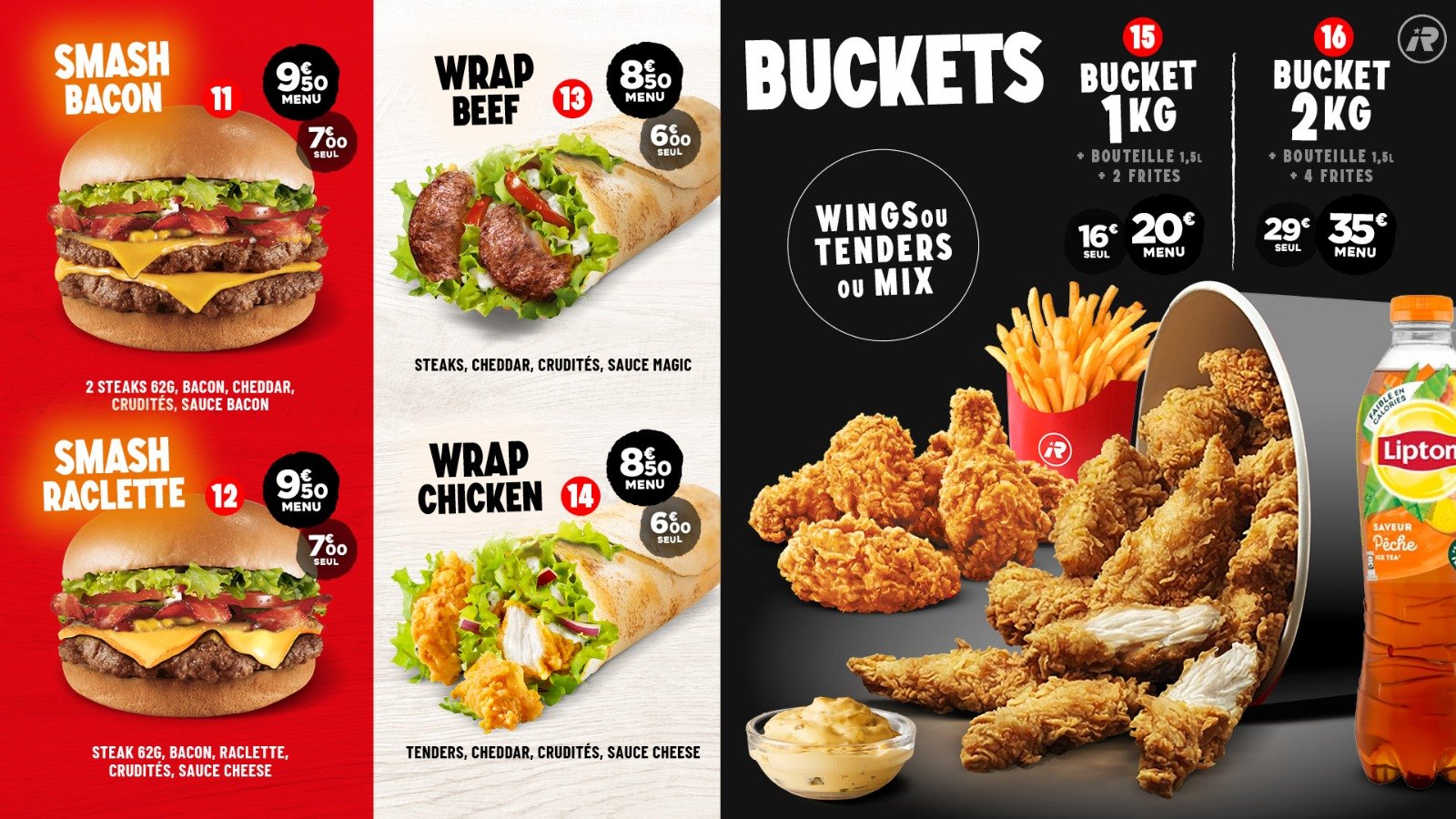 Carte RED BURGER — Smash Bacon, Smash Raclette, Wrap Beef, Wrap Chicken et Buckets wings ou tenders 1 kg et 2 kg.
