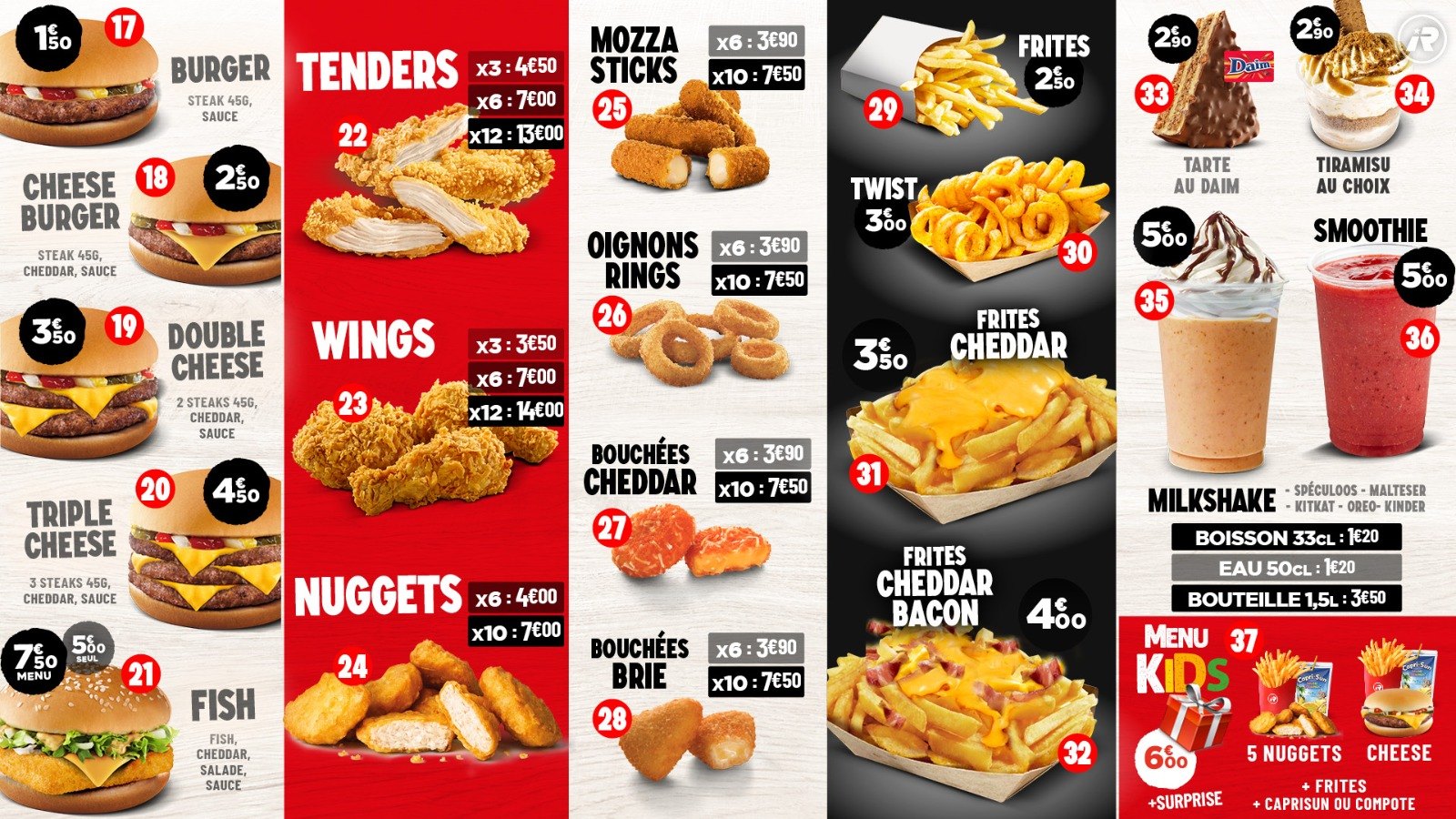 Carte RED BURGER — burgers simples, tenders, wings, nuggets, mozza sticks, oignons rings, frites cheddar bacon, milkshakes, tiramisu et menu kids.